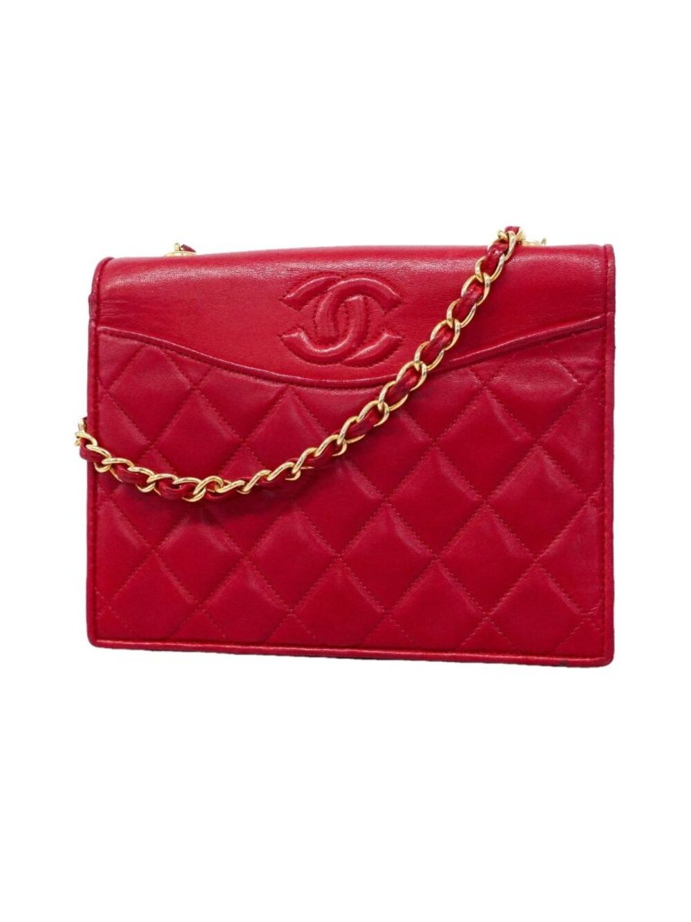 Chanel Shoulder Bag Quilted Lambskin Red Gold